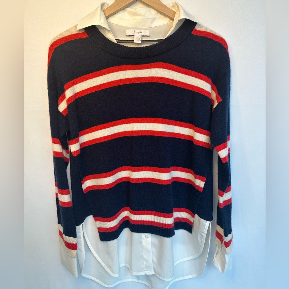 Scripted Women's Sweater Navy Red Striped Collared Pullover Wool Cashmere Sz S/P